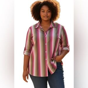 Vintage Talbots Vibrant Pink and Green Cotton Classic Shirt Size 2X